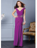 Dark Fuchsia Chiffon V Neck Long Prom Dress 